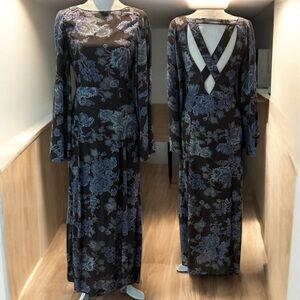 Free People Elegant Long Kimono Sleeve Floral Maxi Dress in Black and Blue